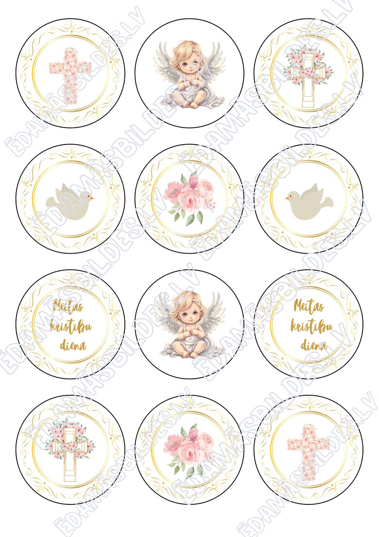 Cukura papīrs ar apdruku "Meitas kristības", kapkeiku aplīši, 6 cm